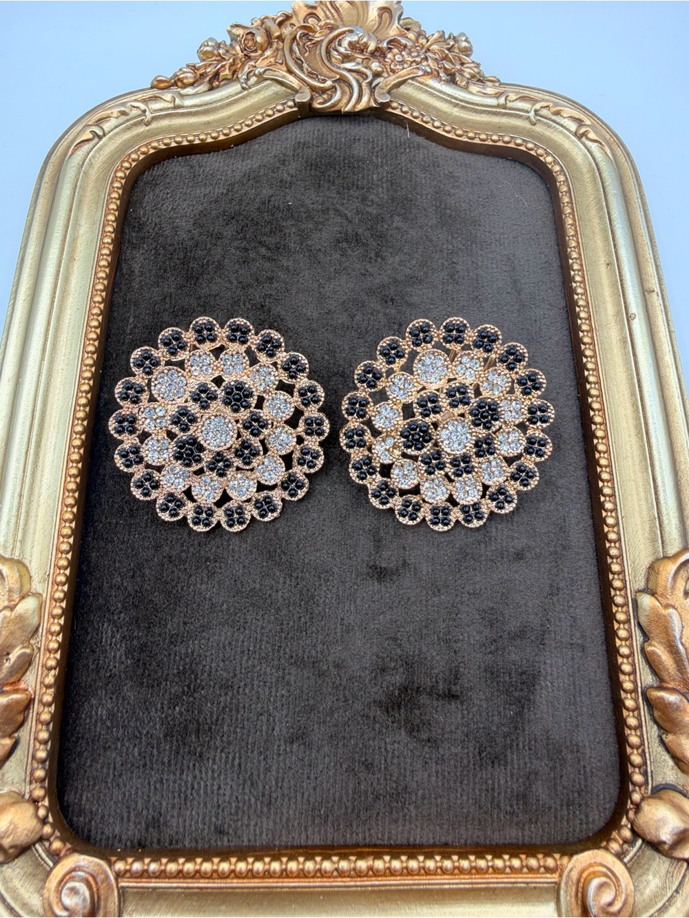 Vintage Style Black & Clear Rhinestones Circle Medallion Earrings..Gold Tone